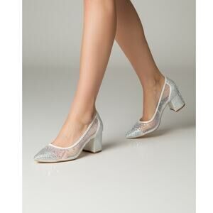 Silver Rhinestone Mesh Heels Women’s Block Wedding Shoes EU 38 / US 7.5
